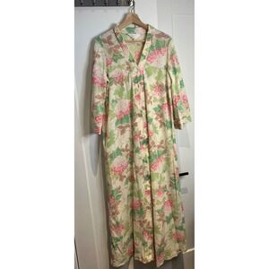 Vintage Sears Take-Along Floral Hydrangea Maxi‎ Robe Housecoat Pink Cream Medium